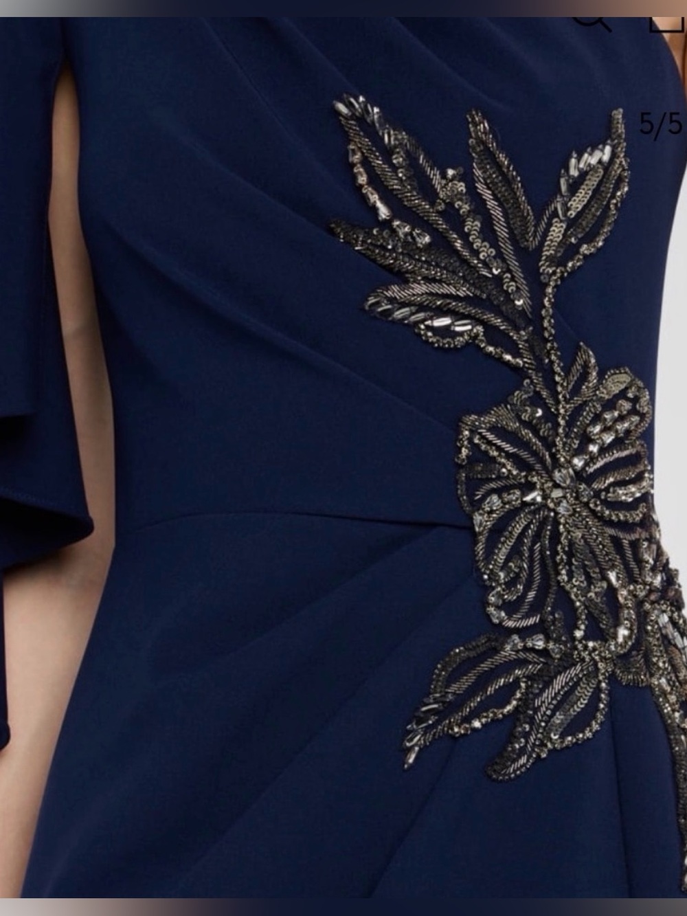 Theia Navy One-Shoulder Evening Dress with Beaded Floral Detail